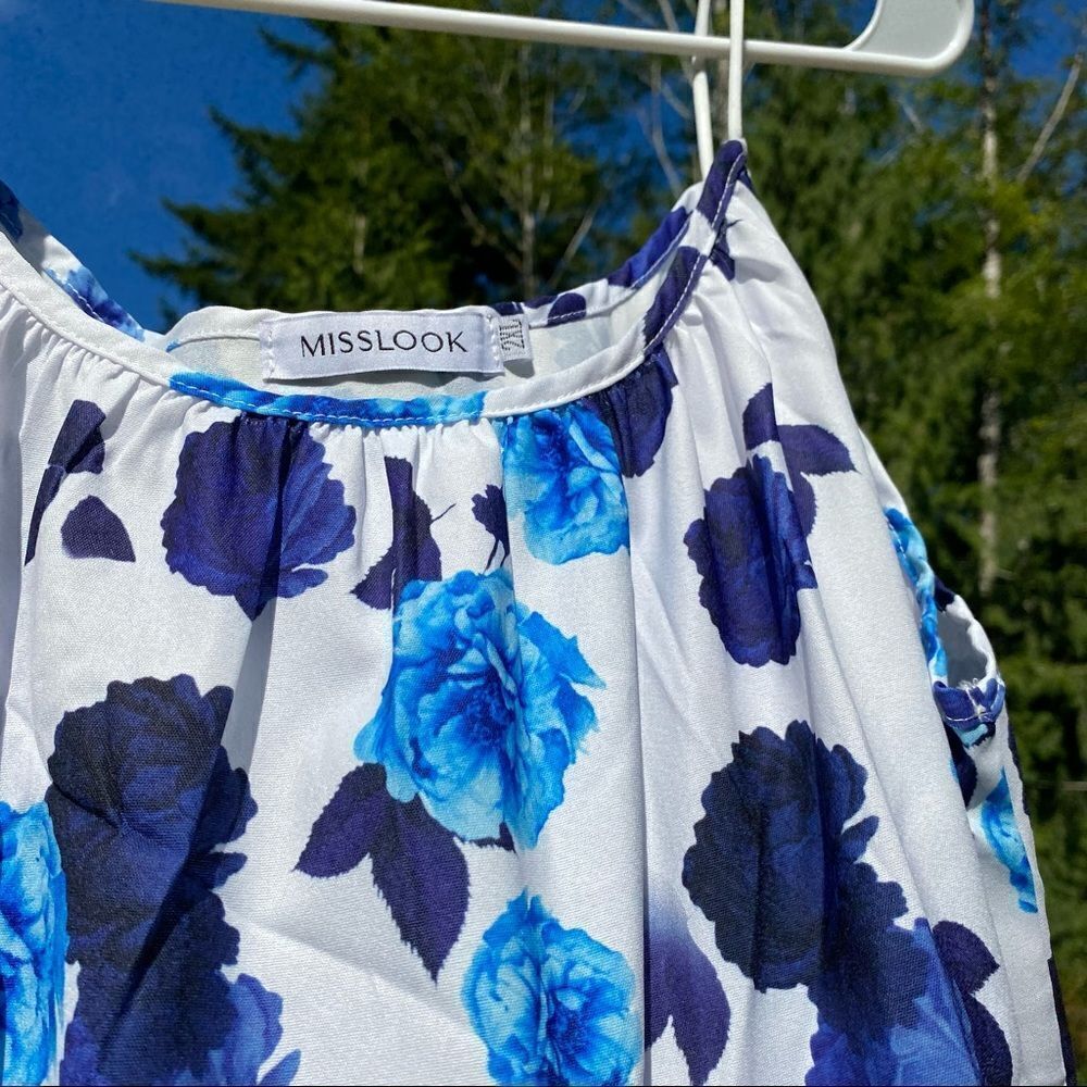 Misslook White Blue Rose Floral Tank Blouse 2XL
